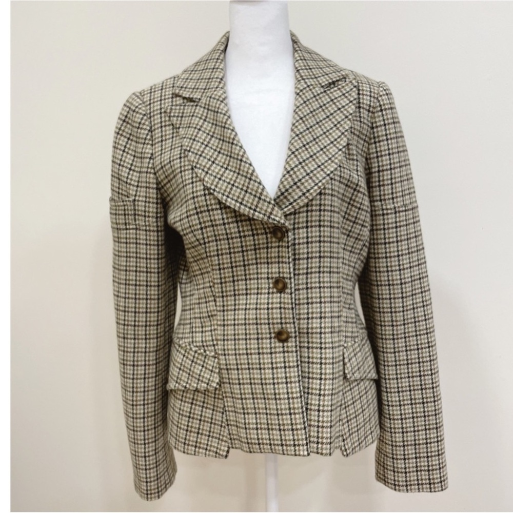 EUC David Meister wool mix houndstooth plaid blazer w/snap closure